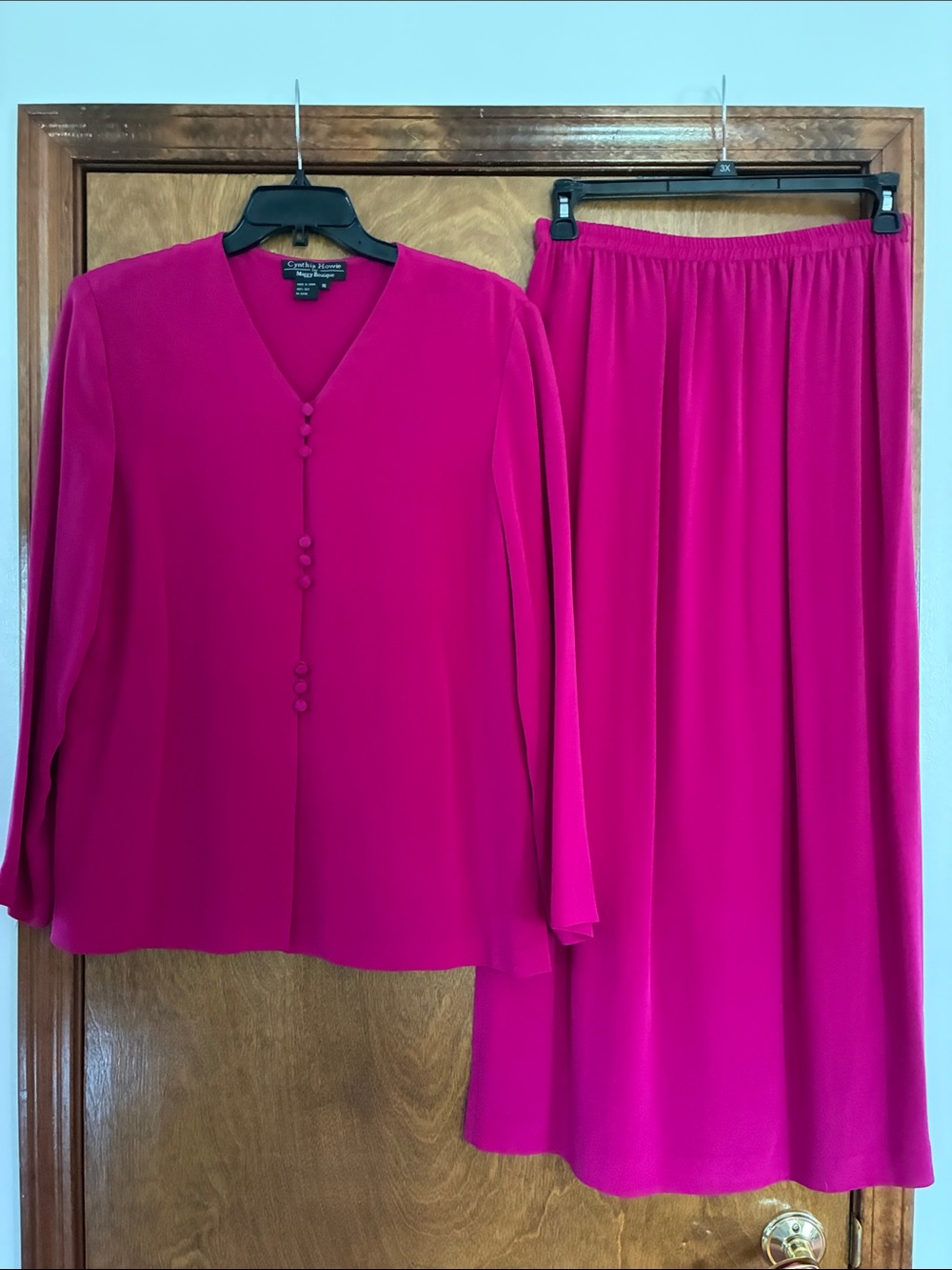 Cynthia Howie Women's Fuchsia Two-Piece Skirt Set — V-Neck Blouse & Full Skirt